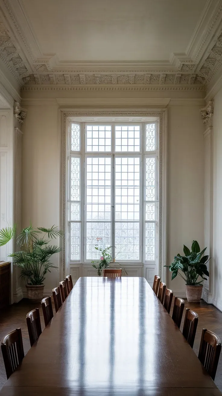 Sunlight streams through the ornate window, illuminating the polished mahogany table and eight elegant chairs in this neoclassical dining room. A sense of timeless grace pervades the space, enhanced by the high ceilings, detailed molding, and the subtle presence of potted plants. A perfect setting for cherished memories and convivial gatherings.
