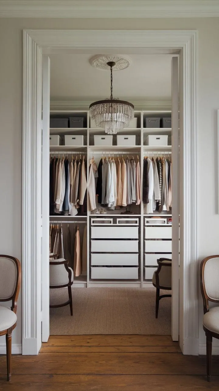 A stunning neoclassical dressing room featuring a dazzling chandelier and sleek Pax wardrobe creates a harmonious balance of timeless elegance and modern practicality.