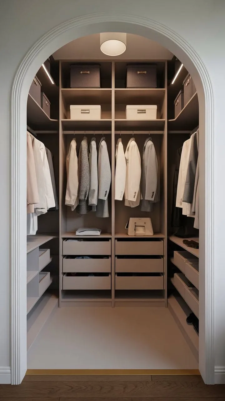 This dressing room harmoniously blends neoclassical elegance with modern luxury, featuring a bespoke Pax walk-in closet that transforms it into a stylish sanctuary of organization.