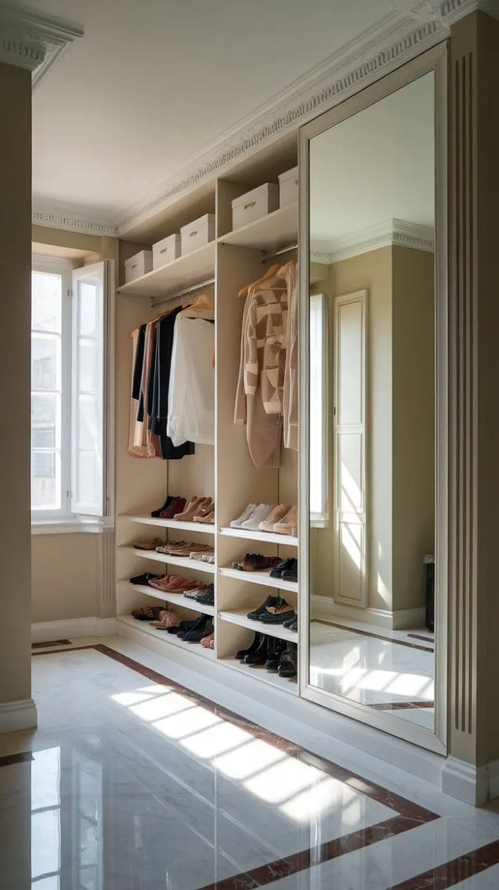 Experience the perfect fusion of timeless neoclassical design and contemporary functionality in a sunlit sanctuary featuring elegant marble floors and a chic built-in closet.