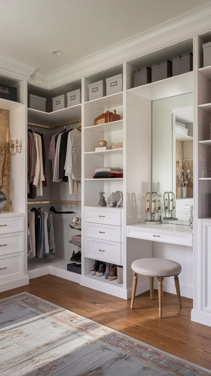 This neo-classical dressing room masterfully fuses timeless elegance with modern practicality, offering a luxurious sanctuary that celebrates refined living.