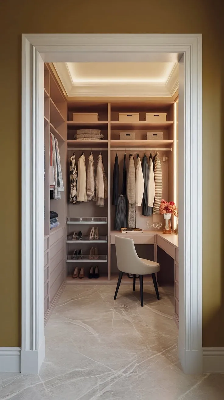 Step into a world of curated style where neoclassical elegance meets modern functionality. This walk-in closet, a sanctuary of fashion, seamlessly blends built-in storage with a luxurious dressing area, creating a space as beautiful as it is practical. The warm hues and marble flooring add a touch of timeless sophistication.