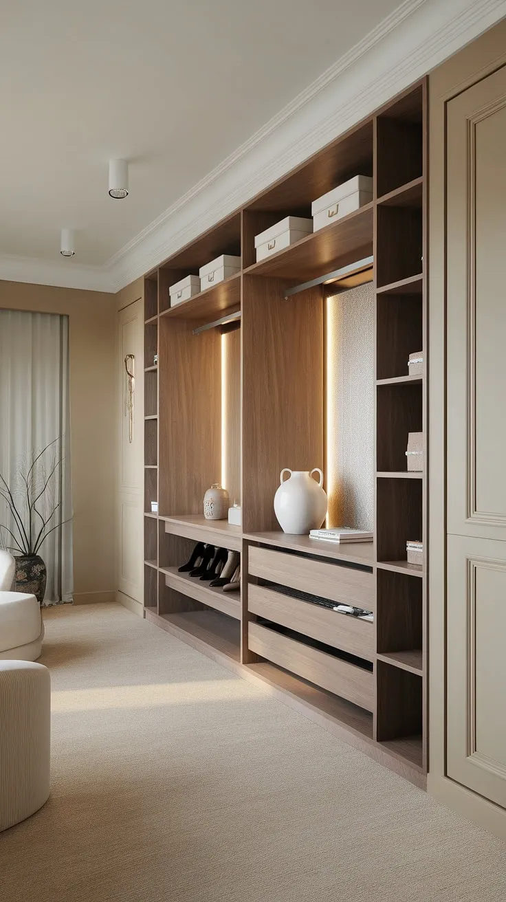 Where classic elegance meets modern functionality. This dressing room seamlessly blends neoclassical charm with a luxurious, built-in closet, creating a space that's both beautiful and incredibly practical. The result is a haven of calm and sophisticated style.