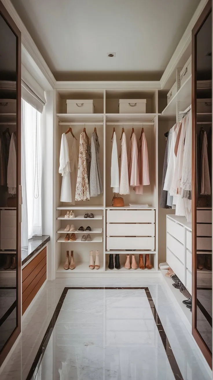 Where classic elegance meets modern functionality. This dressing room seamlessly blends neoclassical architecture with a luxurious, built-in PAX closet system, showcasing a stunning array of clothing and accessories in a bright, airy space. The marble flooring and ample storage create a truly enviable sanctuary.