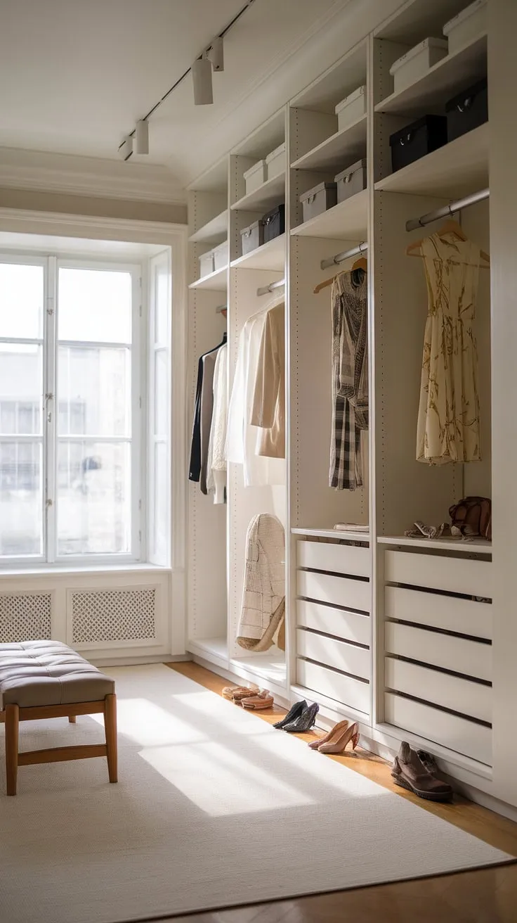 Where classic elegance meets modern functionality. This dressing room seamlessly blends neoclassical charm with a sleek, white Pax closet system, creating a sanctuary of style and effortless organization. The natural light and warm wood flooring enhance the luxurious feel, making getting ready a true pleasure.