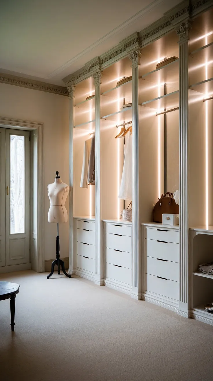 Step into a world of refined style. This dressing room effortlessly blends neoclassical architecture with a sleek, contemporary built-in closet, showcasing the perfect harmony between timeless beauty and practical design. The result? A space that's both inspiring and incredibly functional.