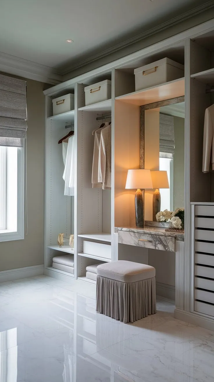 Where classic elegance meets modern functionality. This neo-classic dressing room, complete with a bespoke PAX system walk-in closet, offers luxurious storage and a serene atmosphere. The marble vanity and ample natural light create a truly indulgent space.