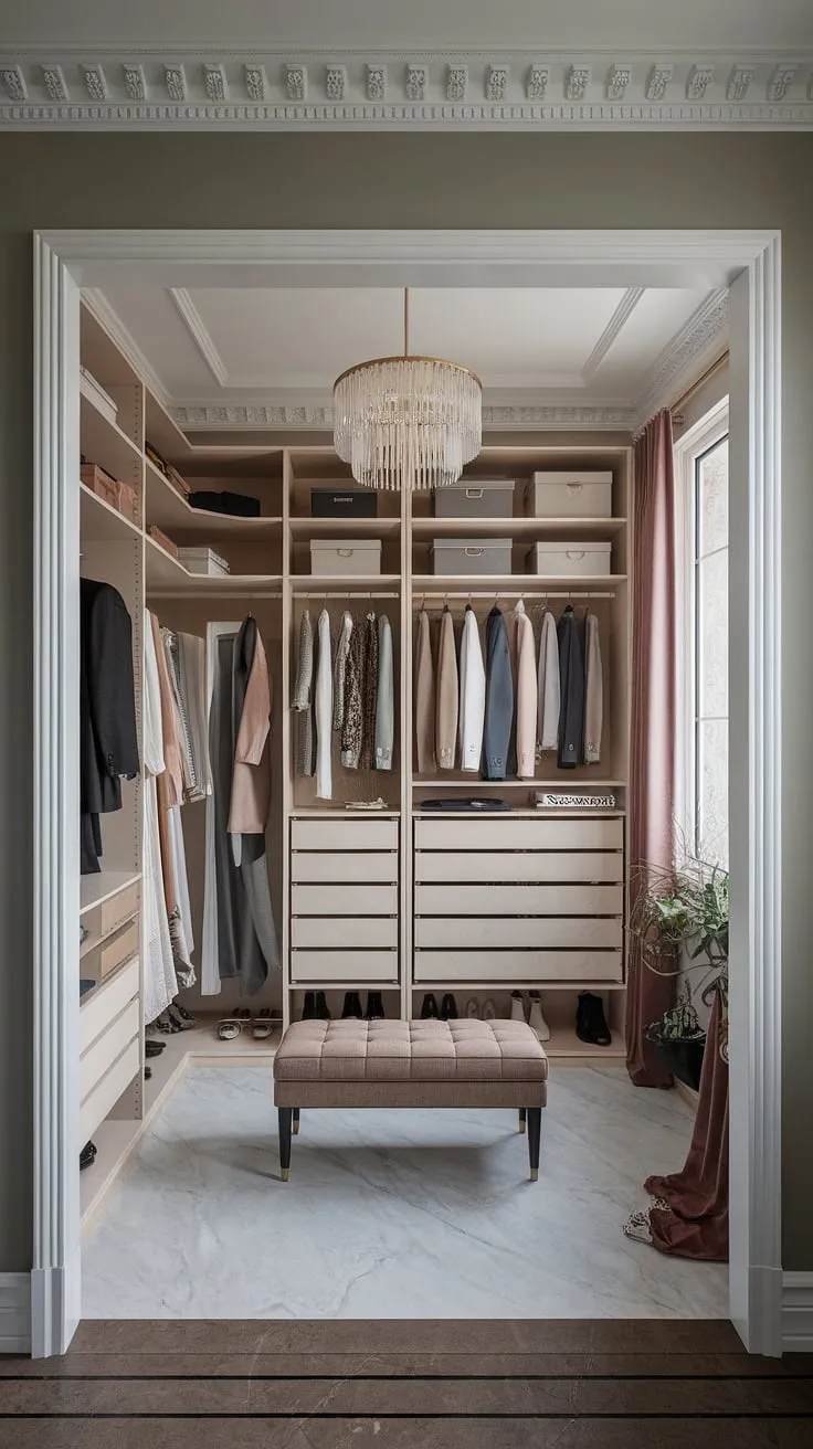 A symphony of style: This exquisitely designed dressing room showcases the perfect marriage of neoclassical architecture and contemporary closet design. The custom Pax system provides ample storage, while the chandelier and marble flooring add a touch of opulence. Every detail, from the decorative molding to the carefully chosen garments, speaks to a refined and sophisticated taste.