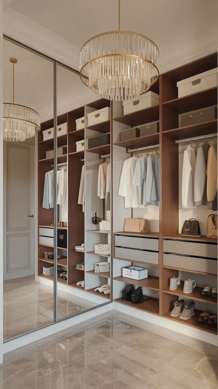 A harmonious blend of eras: a grand neo-classical setting provides the perfect backdrop for a sleek, modern Pax closet system. The juxtaposition of ornate details and clean lines creates a dressing room that is both timeless and utterly chic. A true sanctuary of style and organization.