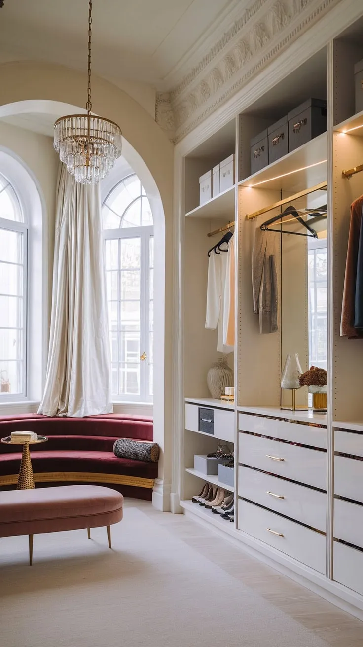 A symphony of style: This dressing room seamlessly unites the grandeur of neo-classical design with the streamlined practicality of a contemporary built-in closet. The soft glow of the chandelier dances across the velvet seating area, creating a haven of calm and sophistication, while the crisp white closet, accented with gold hardware, offers effortless organization. A true testament to timeless design.
