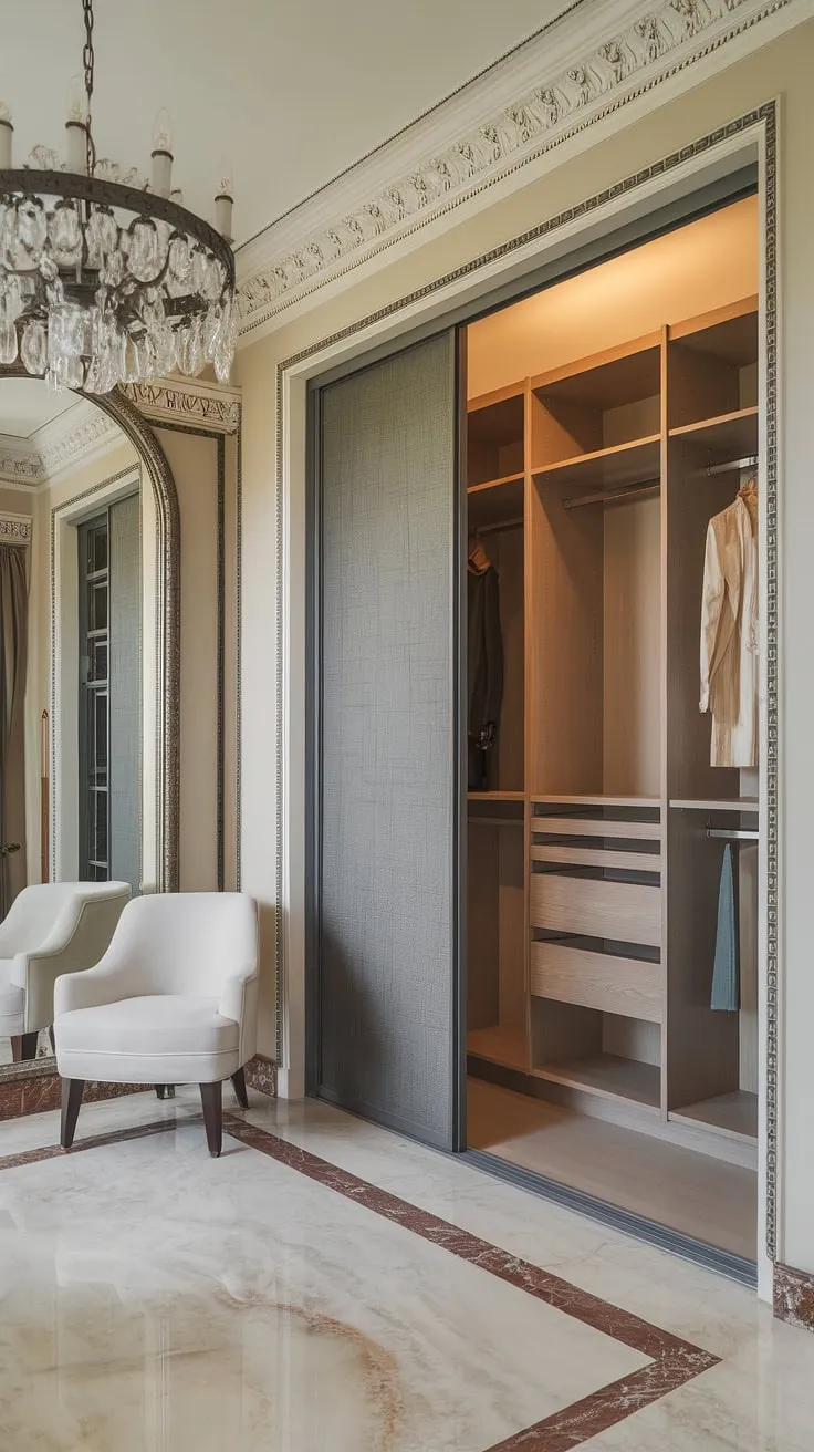 A symphony of style: This dressing room effortlessly marries the grandeur of a neo-classical space with the streamlined functionality of a modern built-in closet. The marble flooring, intricate molding, and shimmering chandelier create a luxurious ambiance, while the closet provides practical, stylish storage. A testament to the enduring power of thoughtful design.