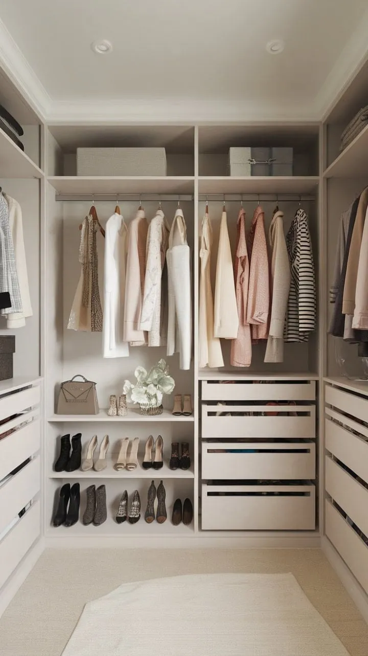 The California Closets Pax system blends neoclassical elegance with modern organization, creating a stunningly functional dressing room for a curated wardrobe.