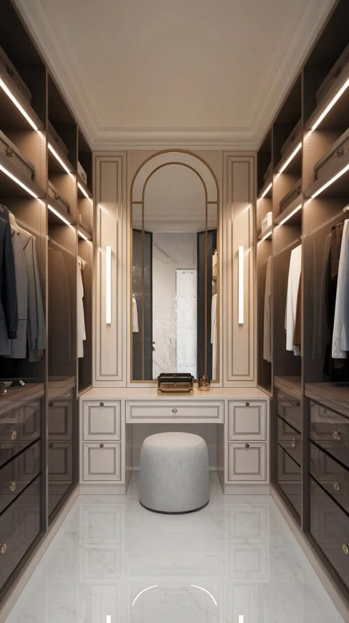 This dressing room masterfully fuses timeless elegance with modern sophistication, featuring a stunning Pax walk-in closet, a chic white vanity with a gold-framed mirror, and a luxurious marble floor that creates a breathtakingly beautiful yet functional space.