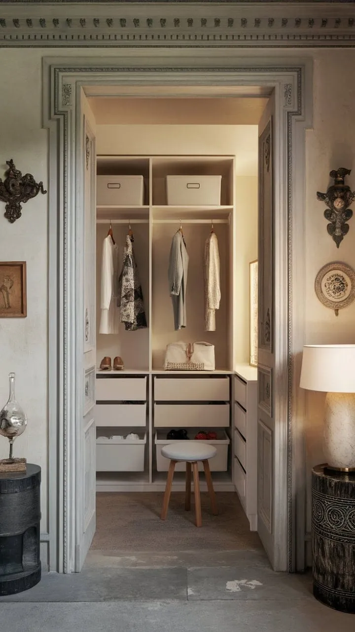 This neo-classical dressing room seamlessly fuses timeless elegance with modern practicality, creating a stunningly functional space.