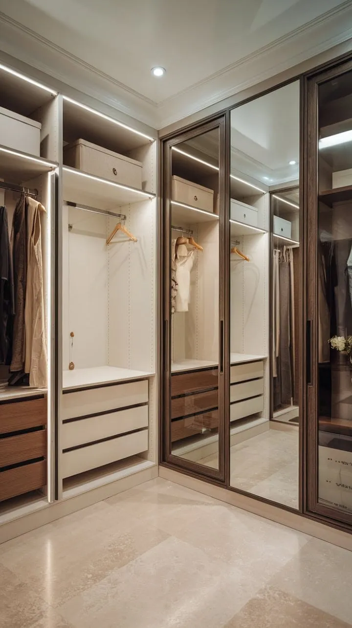 This stunning dressing room harmoniously blends neoclassical elegance with modern practicality, featuring a spacious walk-in closet that showcases a captivating contrast between traditional architecture and a sleek white Pax system.