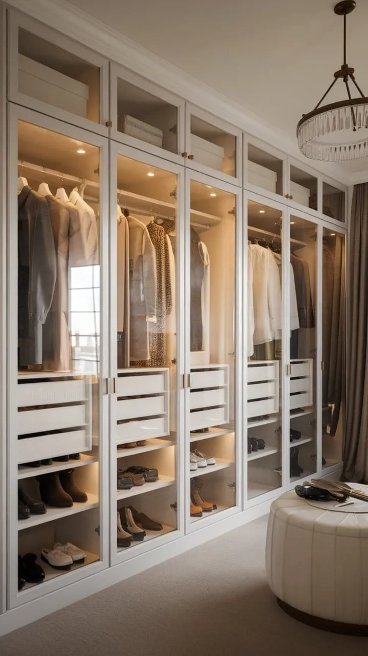 This dressing room harmoniously fuses neoclassical elegance with modern practicality, showcasing a stunning chandelier alongside a sleek PAX system in a beautifully curated neutral palette.