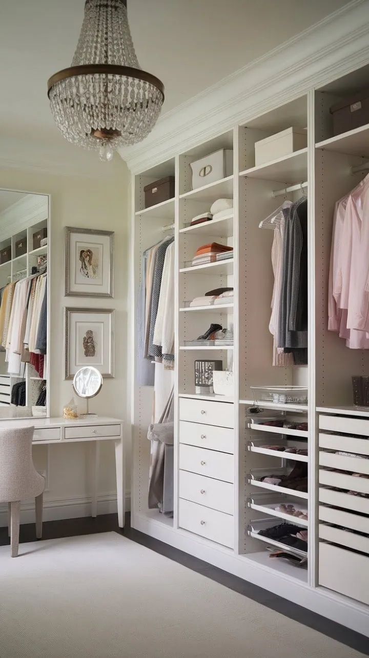 This neo-classical dressing room harmoniously fuses timeless elegance with modern storage innovation, creating a stunningly functional retreat.