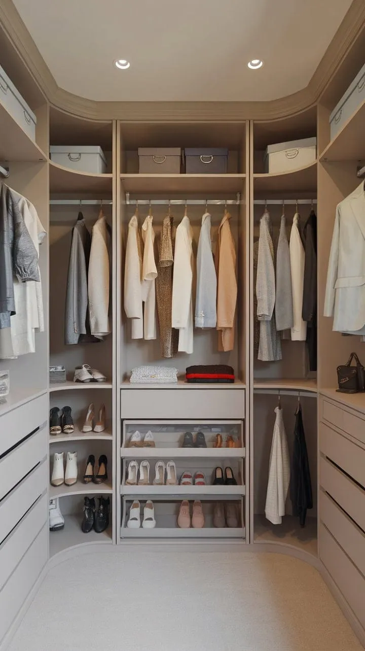 This dressing room harmoniously fuses neoclassical elegance with modern organization, creating a stylish sanctuary for curated fashion.