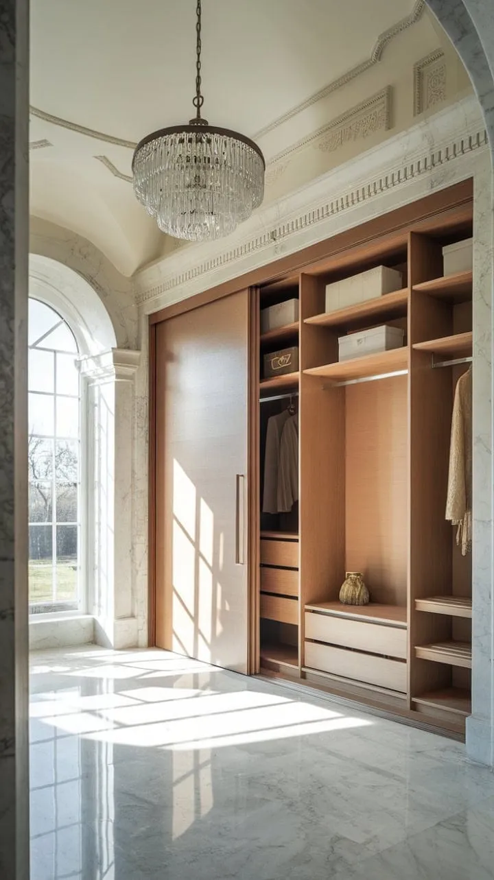 This dressing room harmoniously fuses neo-classical elegance with modern practicality, showcasing high ceilings and natural light alongside a sleek, spacious built-in closet.
