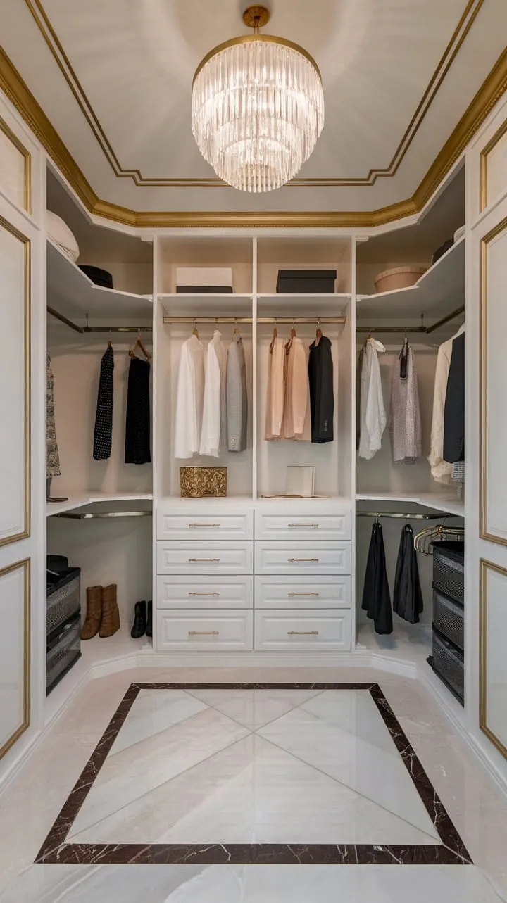 This dressing room masterfully fuses neo-classical elegance with modern functionality, featuring luxurious marble floors and a custom California Closets PAX system for the ultimate in refined living.
