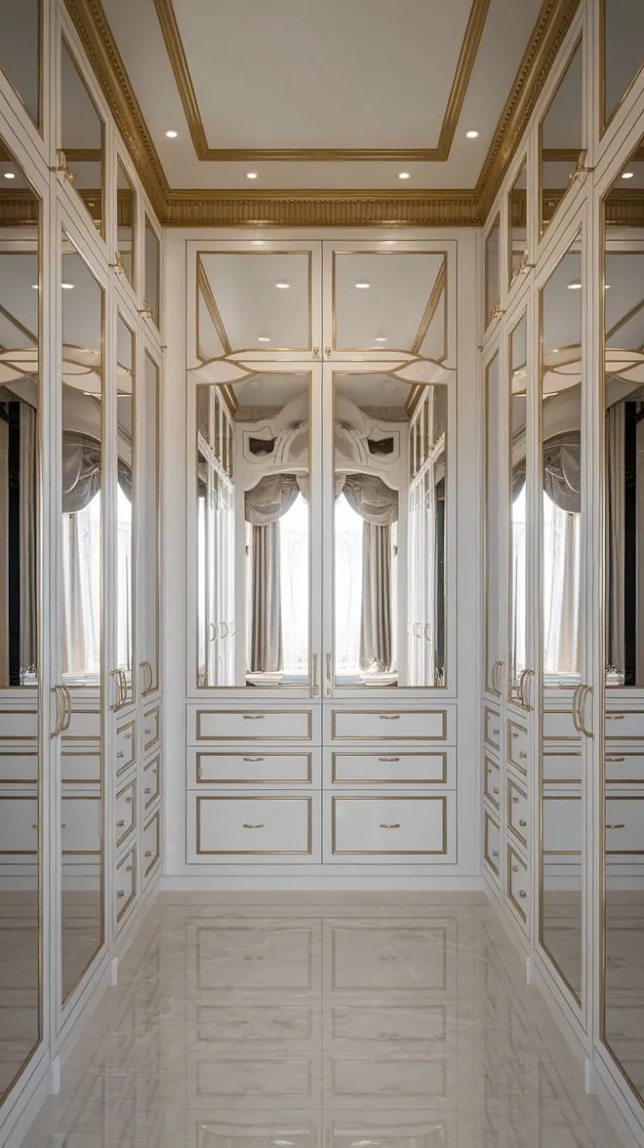 This neo-classical dressing room, with its bespoke closets and radiant white surfaces adorned with gold accents, transforms luxury storage into a dazzling symphony of elegance.