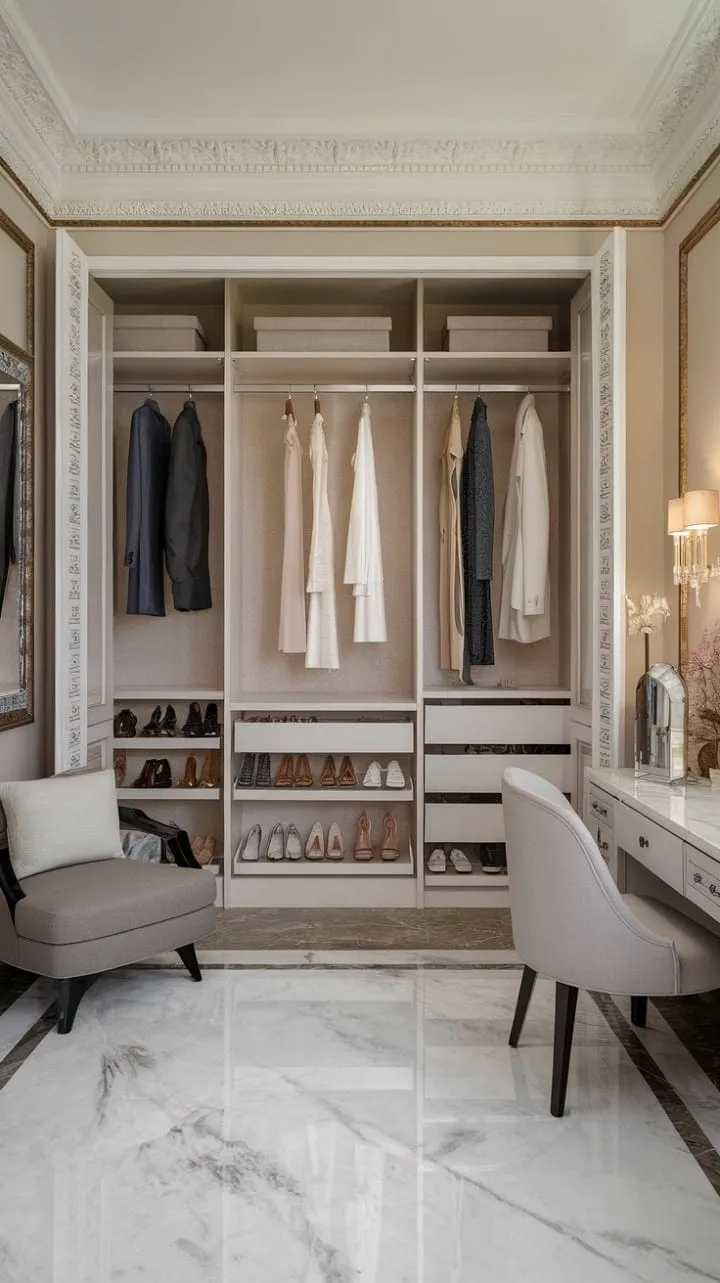 This neo-classical dressing room masterfully fuses timeless elegance with modern practicality, featuring ornate moldings and marble floors alongside a sleek, spacious built-in closet.
