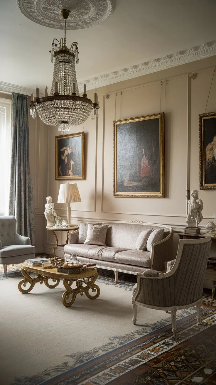 A symphony of light and shadow dances across the neoclassical details of this living room. From the ornate chandelier to the meticulously chosen paintings, every element contributes to an atmosphere of sophisticated grace. A perfect blend of history and modern comfort, it's a space designed for quiet contemplation and cherished conversations.