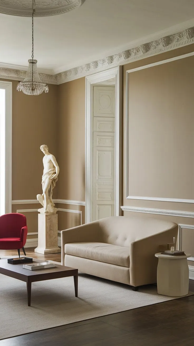 This neoclassical haven is a sanctuary of calm and sophistication. The beige sofa invites relaxation, while the bold red chair adds a touch of unexpected drama. The classical statue, a focal point of quiet grandeur, speaks to the room's refined aesthetic. Every detail, from the ornate moldings to the dark wood floors, contributes to an atmosphere of timeless beauty and understated elegance. A perfect blend of comfort and classic style.