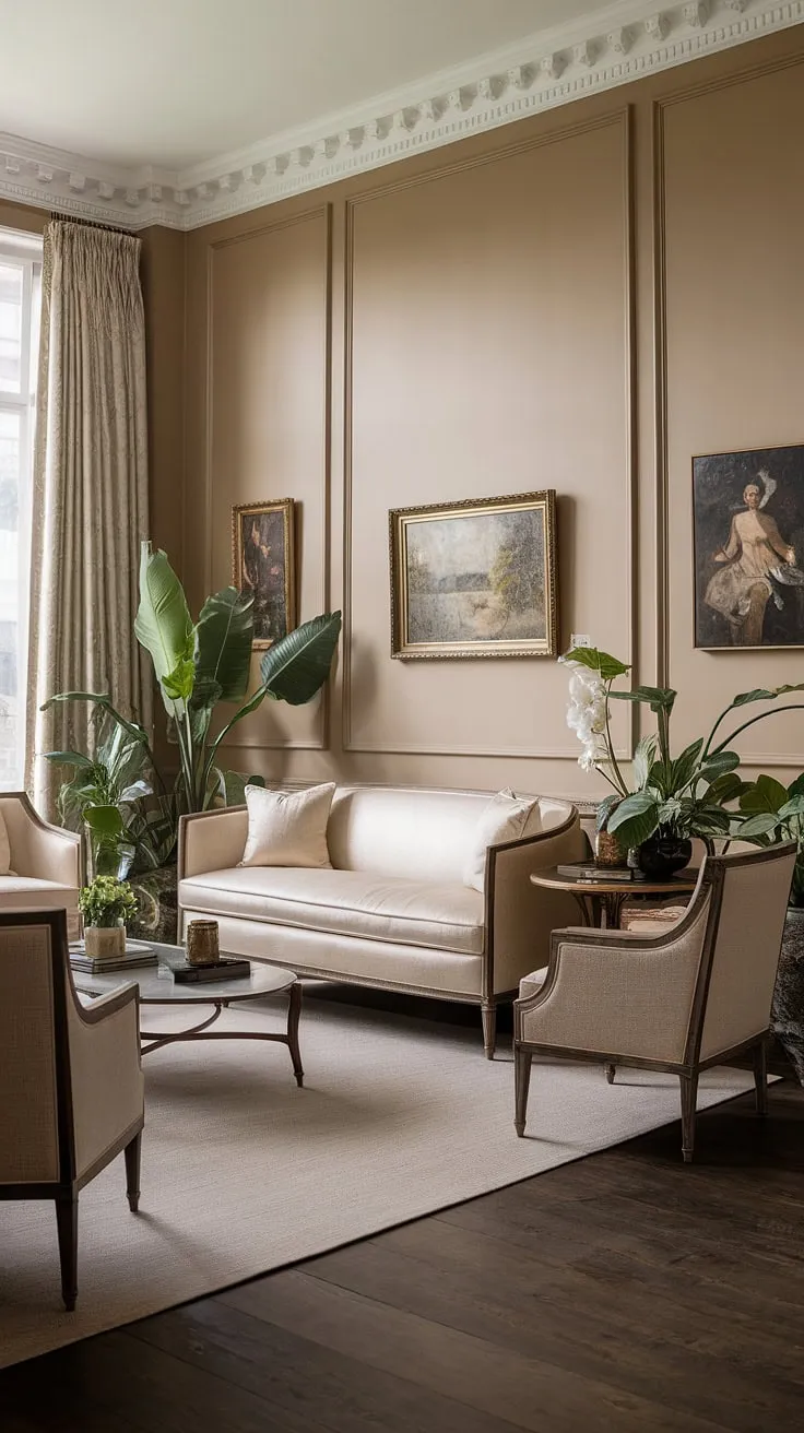 Bathed in soft light, this neoclassical living room exudes a sense of calm and refined elegance. The beige palette, punctuated by the dark wood floors and verdant plants, creates a harmonious atmosphere perfect for quiet contemplation and effortless A.