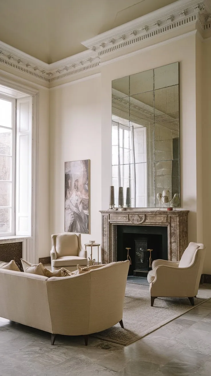 Sunlight streams through the grand windows, illuminating the elegant beige sofa and gleaming marble floors of this neoclassical living room. The high ceilings and ornate details create an atmosphere of refined serenity, a testament to timeless design and understated luxury. A sense of calm permeates the space, enhanced by the strategically placed decorative items and the reflective surface of the large mirror.