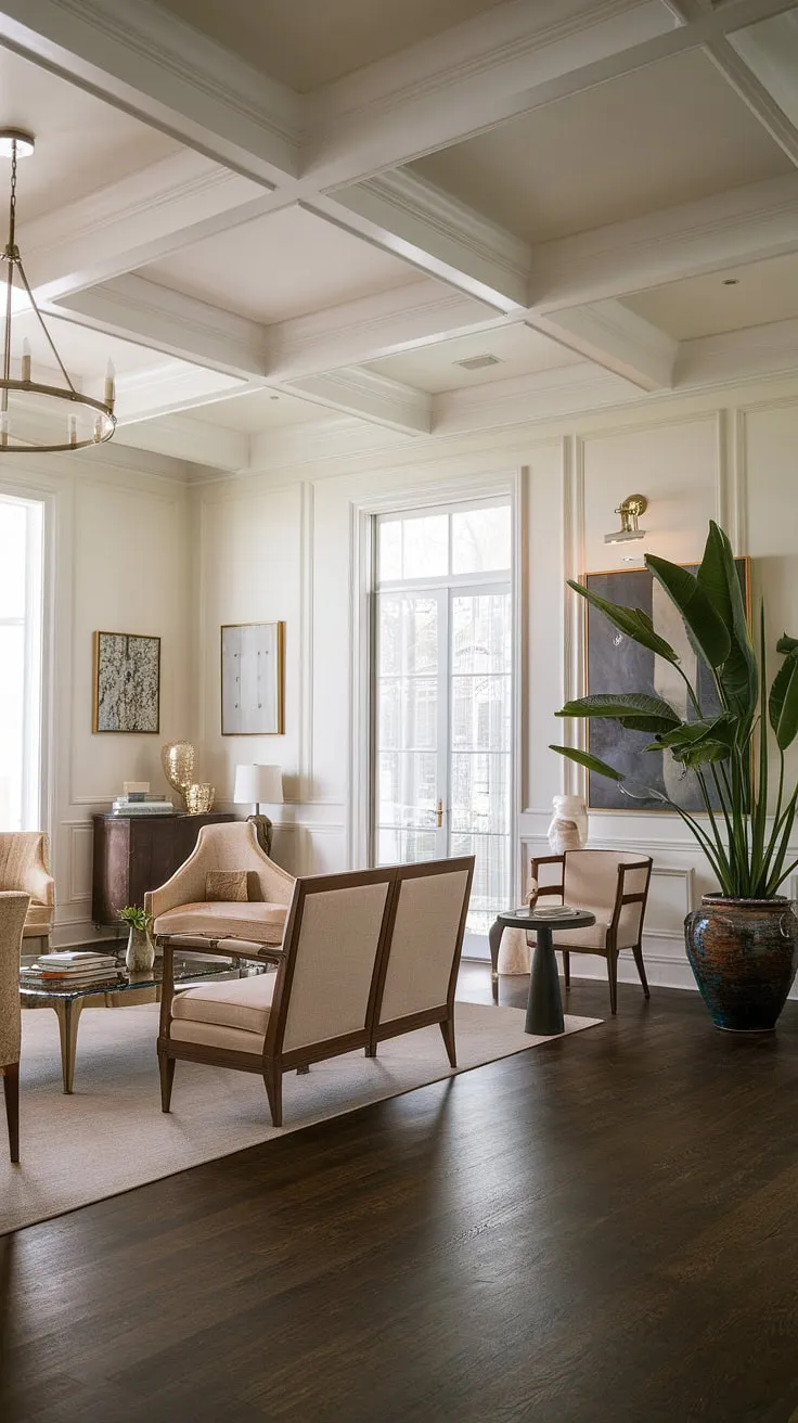 This neoclassical living room is a masterpiece of understated elegance. The rich dark wood floors contrast beautifully with the creamy walls and beige upholstery, creating a sophisticated palette. A feeling of refined tranquility washes over you as you take in the high ceilings, the delicate chandelier, and the carefully placed artwork. It's a space designed for both quiet contemplation and lively conversation.
