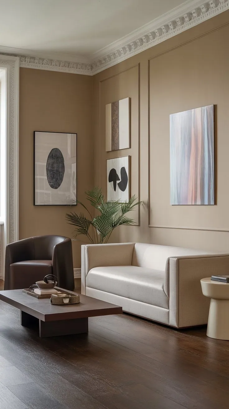 Elegant neoclassical design meets modern comfort. The beige sofa, accented by a lush green plant, invites relaxation in this sophisticated space, while the dark brown wood floors and furniture add warmth and depth. A perfect blend of classic and contemporary aesthetics.