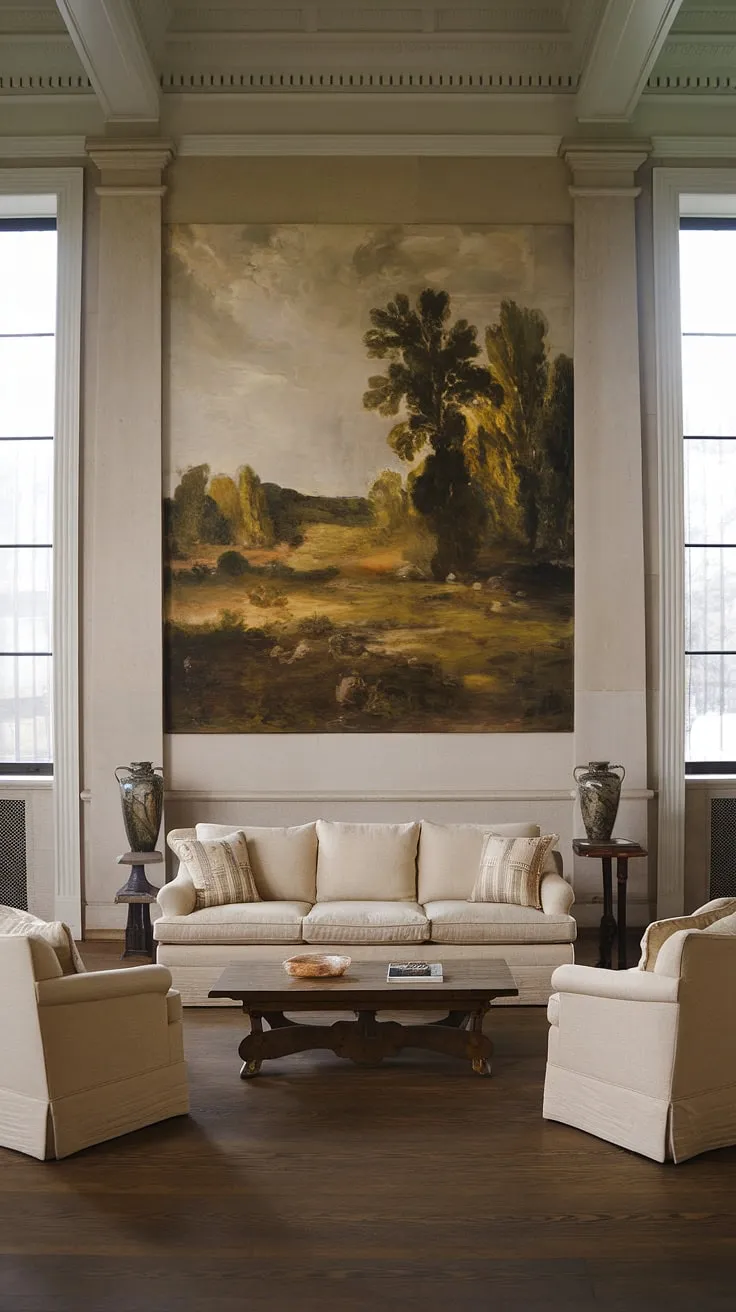 The grandeur of this neoclassical living room is undeniable. High ceilings and large windows flood the space with light, highlighting the rich dark wood floors and the subtle textures of the beige sofa and chairs. The artwork above the sofa adds a touch of drama, creating a harmonious and inviting atmosphere.