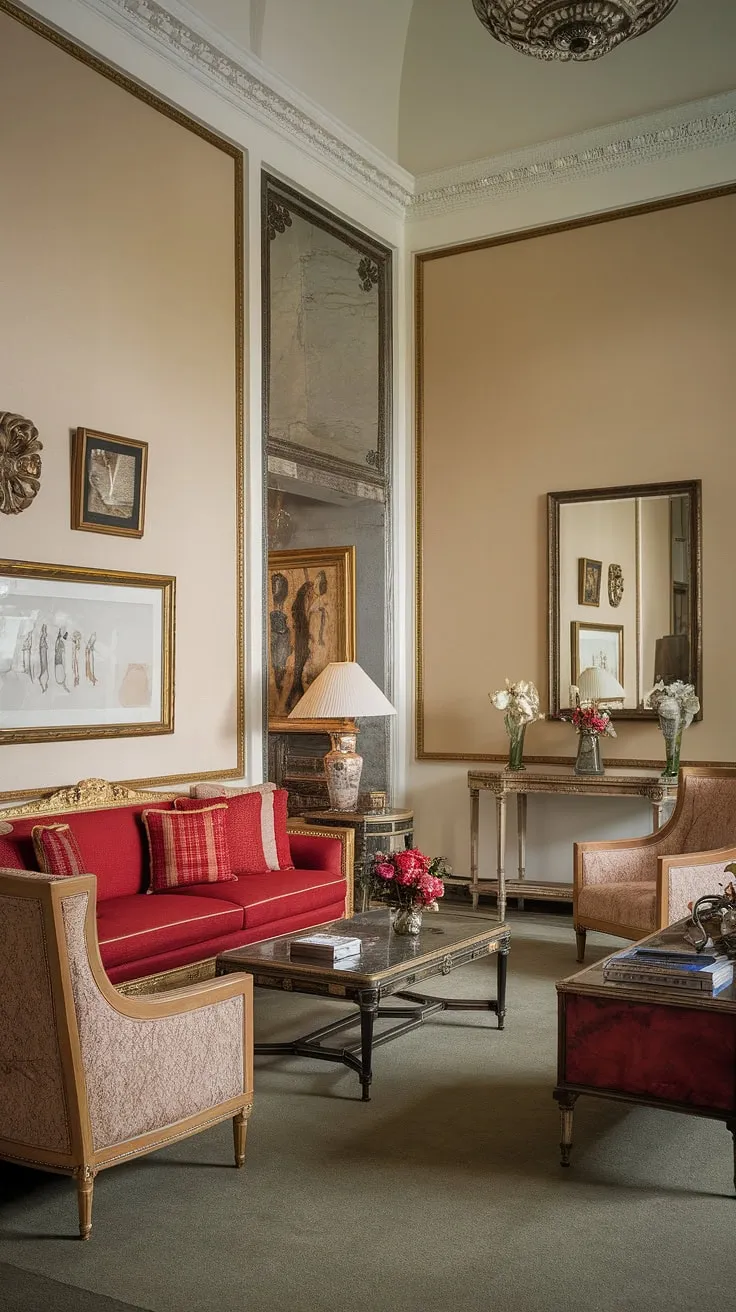 Step into a world of refined elegance. The rich textures and opulent details of this neoclassical living room, from the crimson sofa to the shimmering chandelier, create an atmosphere of timeless sophistication. A testament to classic design, this space effortlessly blends comfort and grandeur. A sanctuary of calm, a stage for memories.