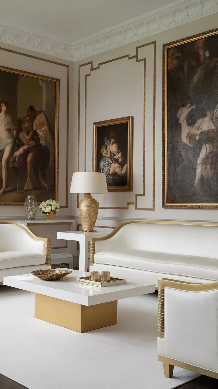 Bathed in sunlight, this neoclassical haven is a study in understated opulence. The white furnishings, punctuated by gleaming gold details, create a harmonious and inviting atmosphere. A perfect blend of classic artistry and modern comfort.