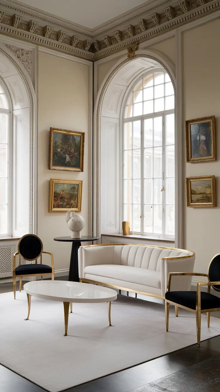 Bathed in sunlight streaming through grand windows, this neoclassical living room exudes refined elegance. The interplay of gold accents against crisp white furnishings and the ornate architectural details creates a space of timeless beauty, a testament to sophisticated living. A perfect blend of classic and contemporary design.