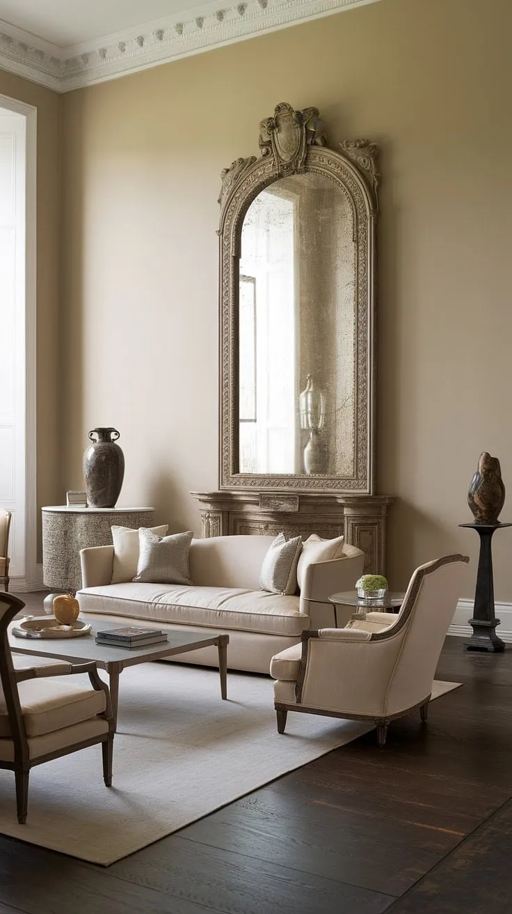 A testament to classic design, this neo-classical space effortlessly blends comfort and grandeur. The carefully chosen furnishings, from the plush beige sofa to the decorative accents, create a harmonious and inviting ambiance. A true reflection of understated luxury.
