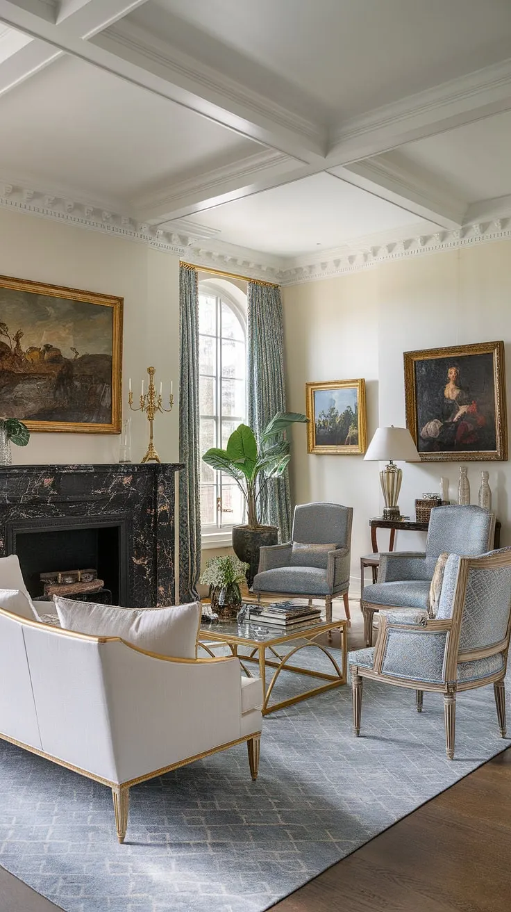 Elegant neoclassical design at its finest. The interplay of white walls, a striking black marble fireplace, and accents of gold and blue creates a sophisticated and calming atmosphere. A testament to timeless style and refined living.