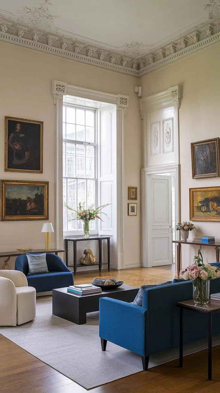 Step into timeless elegance. The high ceilings and intricate moldings of this neoclassical living room, accented by a sapphire blue sofa and carefully curated artwork, create a space of refined comfort and understated luxury. A perfect blend of classic architecture and modern living.