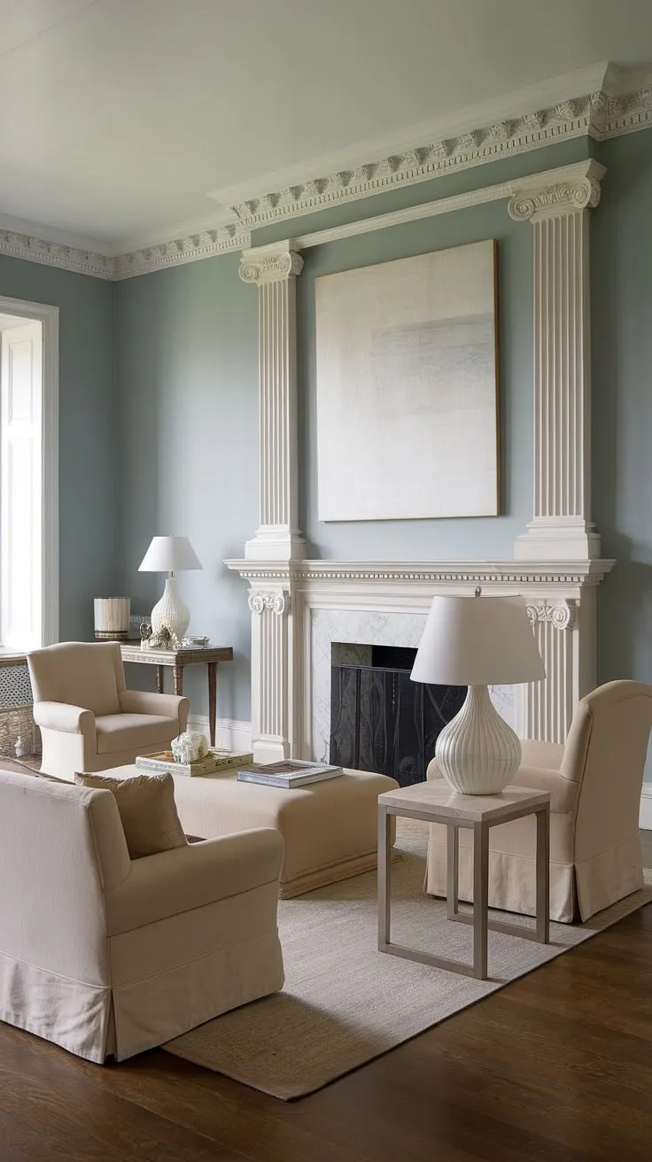 Serene sophistication. The soft blue walls and elegant neoclassical fireplace create a calming atmosphere, perfectly complemented by the understated beige furniture and the warm glow of the lamp. A testament to timeless design.