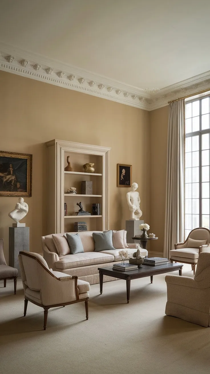 Bathed in soft light, this neoclassical living room exudes timeless elegance. The carefully curated artwork and sculptures, alongside the plush seating and grand architecture, create a space of refined comfort and understated luxury. A sanctuary of calm, it's a testament to the enduring appeal of classic design. A perfect blend of history and modern living.
