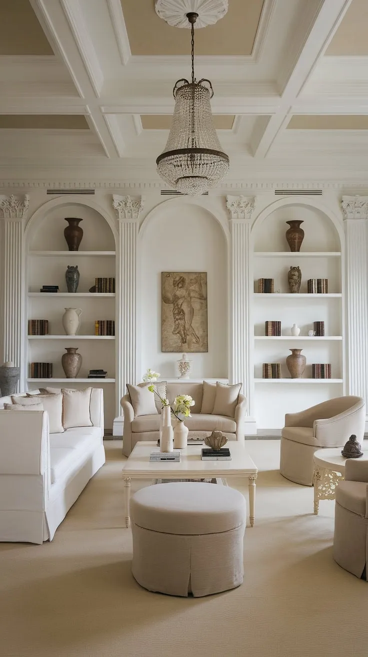 Serene sophistication defines this neoclassical living room. The airy white and beige palette, complemented by elegant furnishings and carefully curated decorative pieces, creates a space of understated luxury. A sense of calm permeates the room, inviting relaxation and quiet contemplation. A truly tranquil escape.