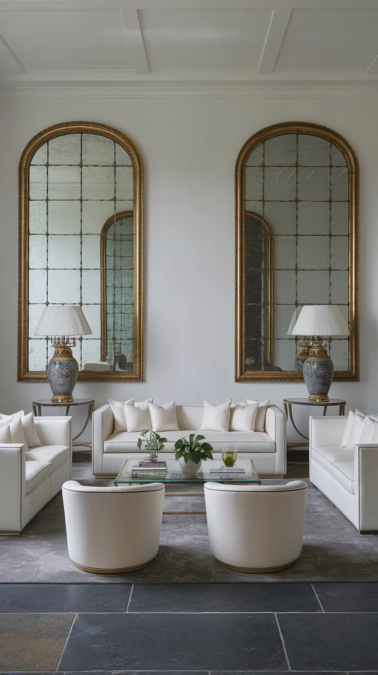 Elegance redefined. The interplay of light and shadow, the cool grey tones against the crisp white furniture, and the gleaming gold accents create a living room that is both sophisticated and inviting. A testament to timeless design.