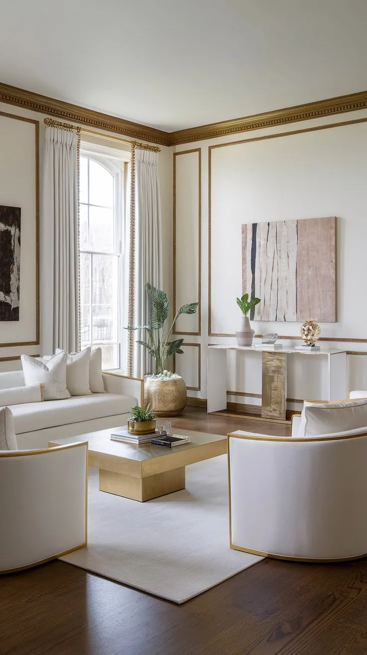 Bathed in natural light, this neoclassical haven is a testament to timeless design. The interplay of textures and the subtle grandeur of the gold detailing create a captivating ambiance. A perfect blend of classic charm and modern comfort.