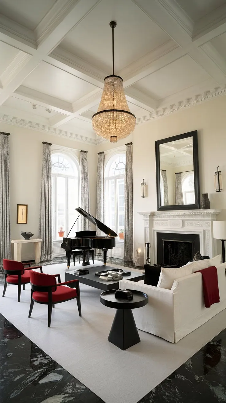 The stark contrast of black and white marble flooring, accented by the deep red seating and the imposing black coffee table, creates a dramatic yet harmonious atmosphere in this breathtaking neoclassical space. The grand piano and elegant fireplace complete the picture of sophisticated living.