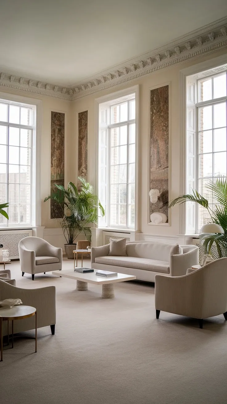 Sunlight streams through the grand windows of this neoclassical living room, illuminating the elegant grey and white furniture and classical artwork. A sense of serene sophistication pervades the space, enhanced by the high ceilings and carefully chosen plants. A perfect blend of timeless style and modern comfort.