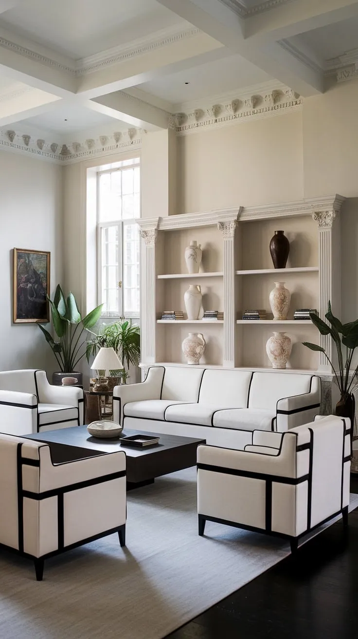 A symphony of light and shadow dances across this neoclassical living room, where clean lines and elegant details create a space of refined comfort. The interplay of dark and light, from the rich flooring to the crisp white furniture, is perfectly balanced, showcasing a timeless aesthetic. A curated collection of classical sculptures and art adds personality and depth to this serene sanctuary.