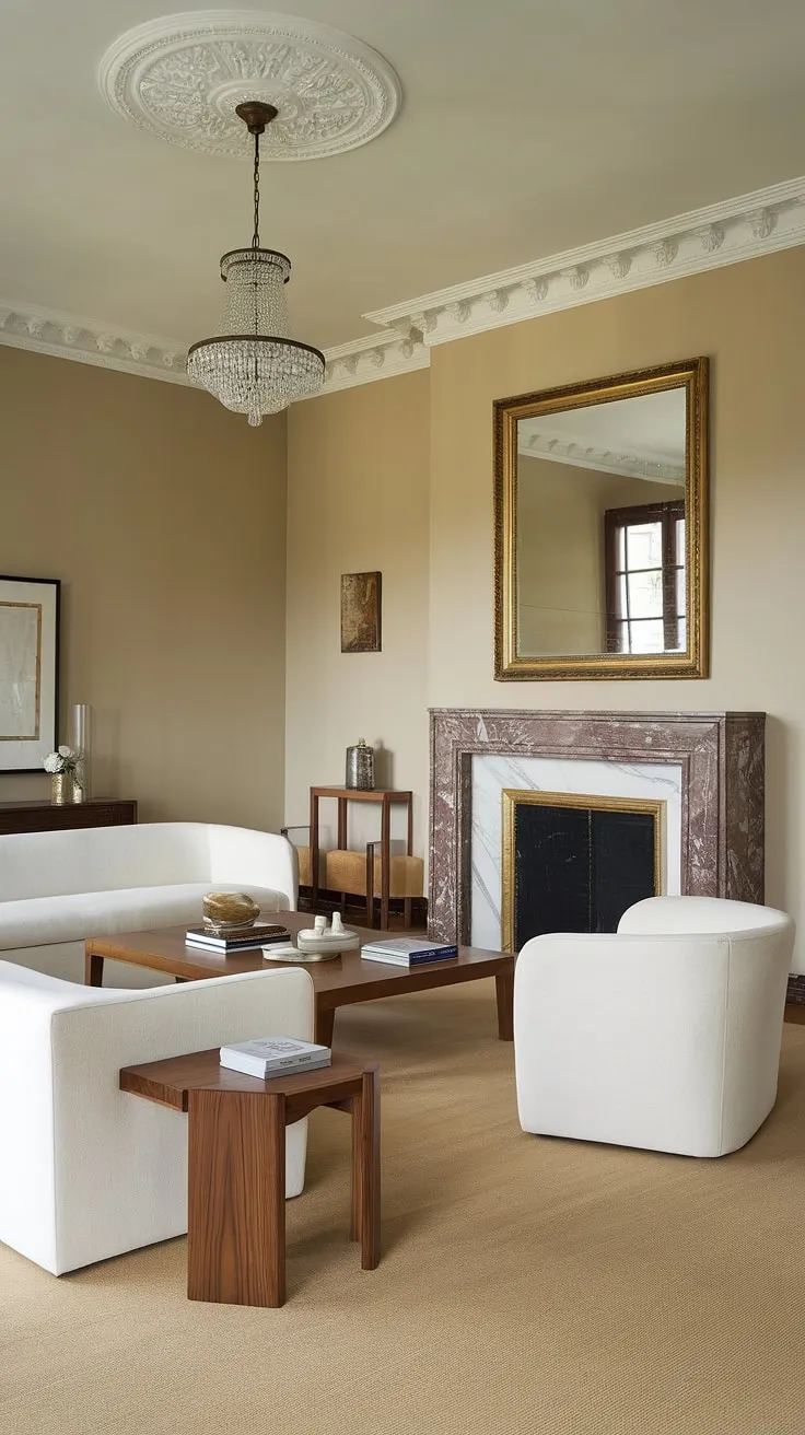 Elegance redefined. The soft beige walls, gleaming marble fireplace, and plush white seating create a haven of understated luxury. A timeless aesthetic, perfectly balanced and effortlessly chic.