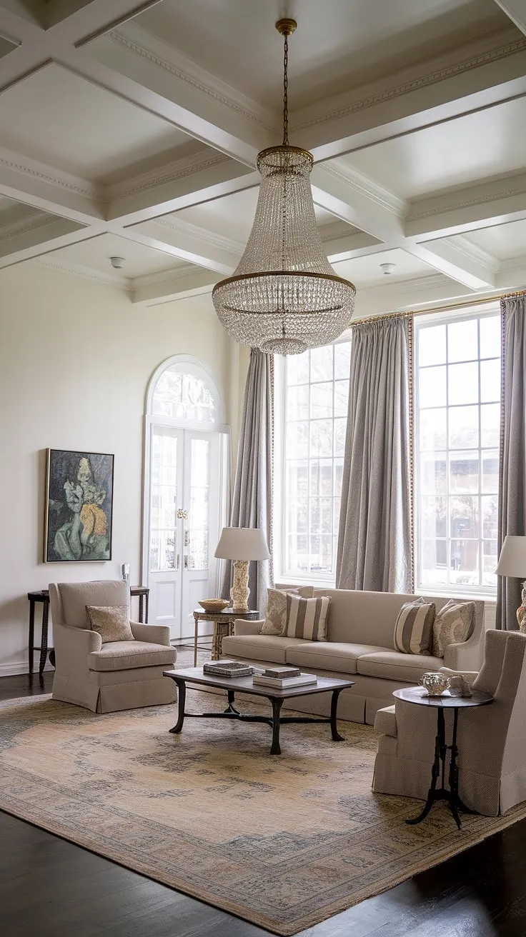 Architectural grandeur meets understated luxury in this breathtaking neoclassical space. High ceilings and abundant natural light enhance the beauty of the carefully chosen furnishings, creating an atmosphere of serene sophistication. The carefully placed accents, from the chandelier to the artwork, complete the picture of refined living.