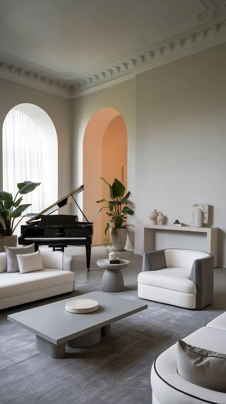 A timeless elegance pervades this neo-classical living room. The interplay of light and shadow, the subtle grey accents against the crisp white walls, and the presence of the grand piano all contribute to an atmosphere of refined sophistication. A space designed for both grand occasions and intimate moments, it's a testament to understated grandeur.